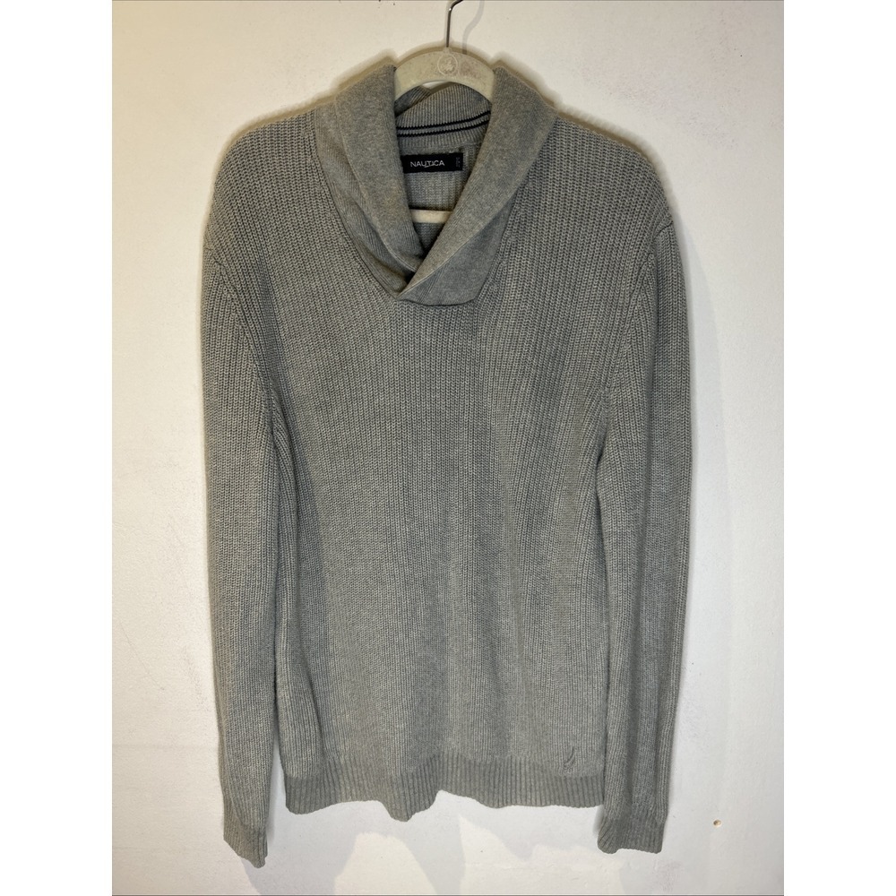 Nautica Mens Shawl Neck Collar Gray Pullover Knit Long Sleeve Sweater Size ‎ XL